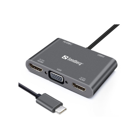 Sandberg USB-C Dock 2xHDMI+1xVGA+USB+PD Référence: 136-35