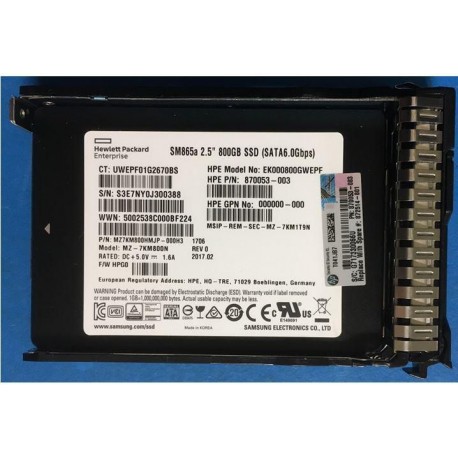 HP 800GB SATA 6G SFF WI-3 DS SC Référence: 872514-001